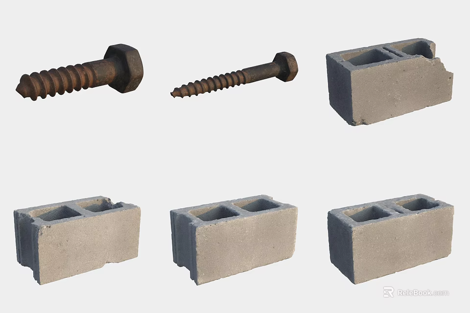 Hardware Tools Featuring Metal Screws and Concrete Blocks for Construction Projects 3d model