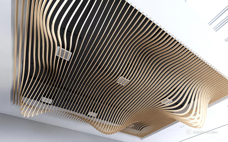 Modern Ceiling Design With Curved Wooden Slats And Recessed Fixtures 3d model 