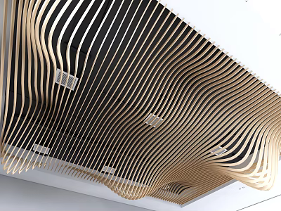 Modern Ceiling Design With Curved Wooden Slats And Recessed Fixtures 3d model