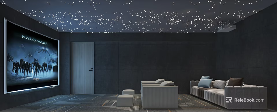 Home Theater With Starry Ceiling Dark Walls Gray Sofas And Wooden Door 3d model 