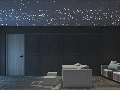 Home Theater With Starry Ceiling Dark Walls Gray Sofas And Wooden Door 3d model