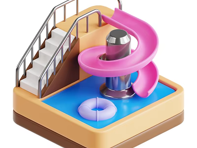 Playful Garden Landscape Design Featuring Pink Slide Metal Staircase And Blue Pool Area 3d model