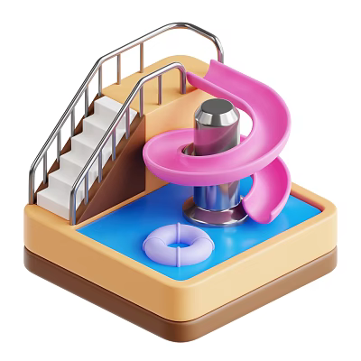 Playful Garden Landscape Design Featuring Pink Slide Metal Staircase And Blue Pool Area 3d model