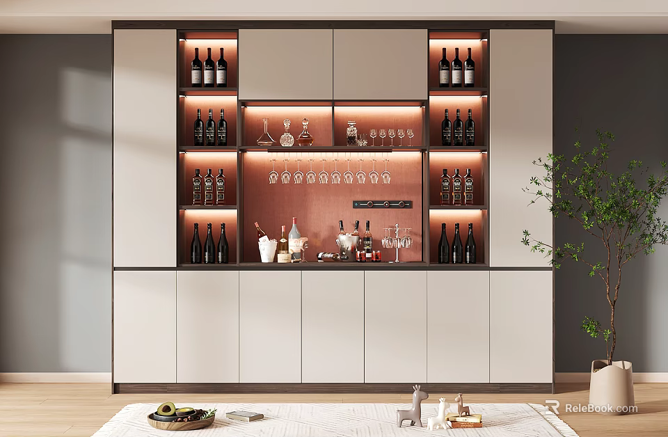 Modern Wine Cabinet With LED Lighting And Glassware Display Shelves In Living Room 3d model 