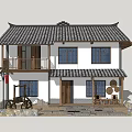 Traditional Detached Villa With Tile Roof Two Story Design Wooden Balcony and Courtyard