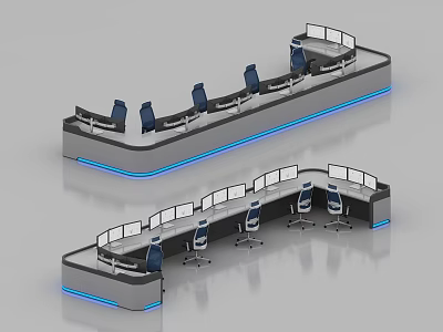 Modern Monitoring Room Control Console With Multiple Workstations Blue Lighting And Screens 3d model