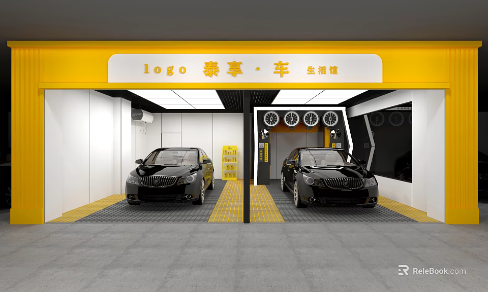 Well Lit Modern Parking Lot With Two Black Cars Yellow Lines And Gray Floor 3d model 