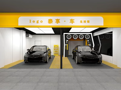 Well Lit Modern Parking Lot With Two Black Cars Yellow Lines And Gray Floor 3d model