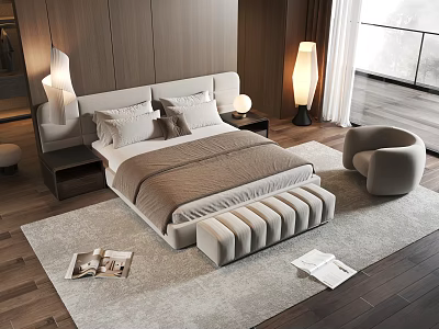 Modern Double Bed Bedroom Design With Wooden Wall Nightstand Lamp Bench And Armchair 3d model