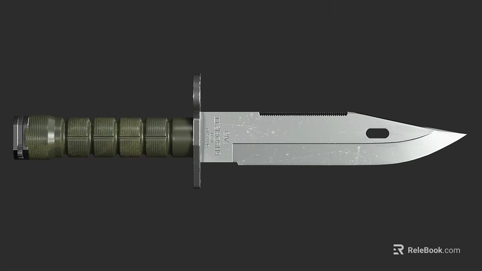 Tactical Military Knife With Green Textured Grip And Serrated Silver Blade 3d model 