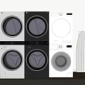 Modern Front Load Washing Machines in Black and White Stacked in Laundry Room
