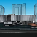 Modern Sales Office Building With Transparent Glass Curtain Wall Metal Grille And Pedestrians