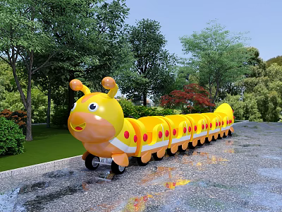 Yellow Caterpillar Shaped Outdoor Play Equipment With Trees Grass And Wet Gravel Path 3d model