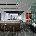 Modern Office Front Reception Desk With White Counter Company Logo And Blue Cabinets