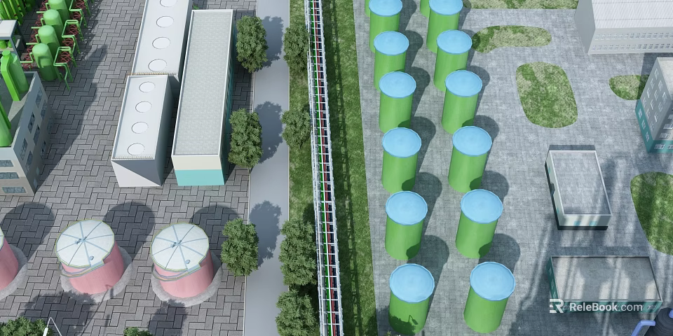 Industrial Plant Facility With Modern Building Structures Large Green Storage Tanks And Landscaped Green Areas 3d model 