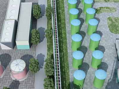 Industrial Plant Facility With Modern Building Structures Large Green Storage Tanks And Landscaped Green Areas 3d model