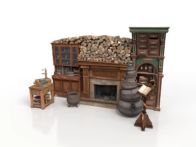 Rustic Medieval Interior With Fireplace Stacked Logs Cabinet Cauldron And Scroll 3d model