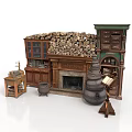 Rustic Medieval Interior With Fireplace Stacked Logs Cabinet Cauldron And Scroll