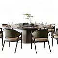 Modern Round Dining Table Set With Green Chairs Tableware And Decorative Plant
