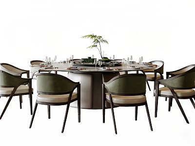 Modern Round Dining Table Set With Green Chairs Tableware And Decorative Plant 3d model