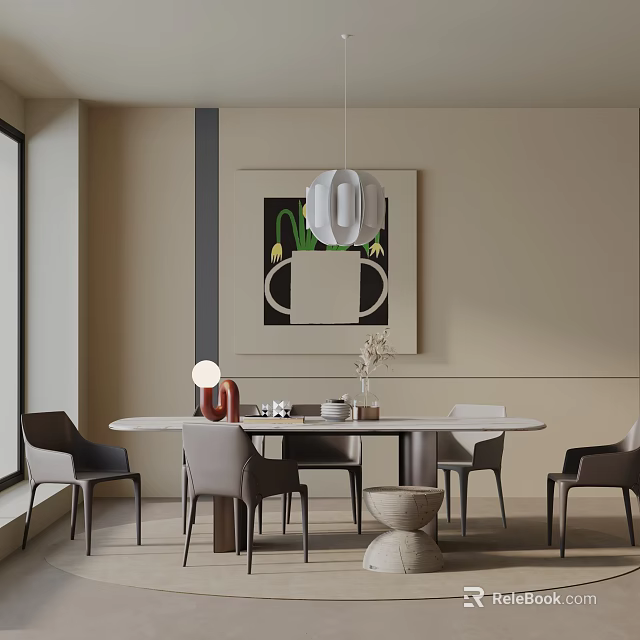 Modern Round Dining Table Set With Chairs Pendant Light Decorative Painting And Vase 3d model 