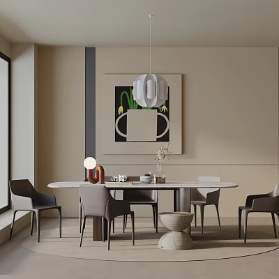 Modern Round Dining Table Set With Chairs Pendant Light Decorative Painting And Vase 3d model