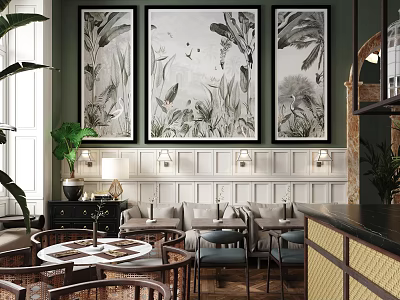 Elegant Restaurant with Large Black and White Botanical Paintings Green Walls White Wainscoting Rattan Furniture 3d model