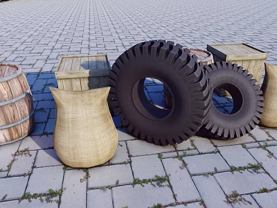 Black Rubber Tires With Sacks And Wooden Barrels On Brick Pavement 3d model