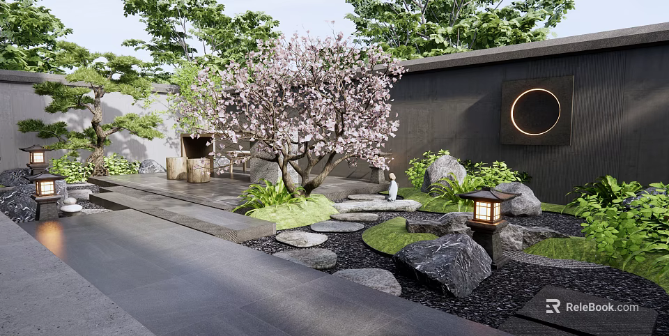 Serene Courtyard Garden With Blooming Cherry Blossom Tree Stone Stepping Path And Stone Lantern 3d model 