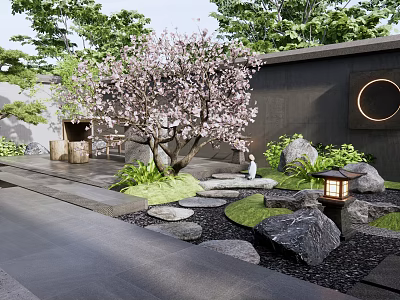 Serene Courtyard Garden With Blooming Cherry Blossom Tree Stone Stepping Path And Stone Lantern 3d model