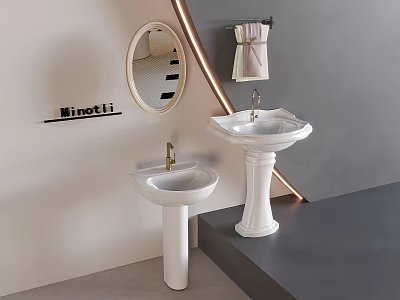 White Pedestal Washbasins With Oval Mirror And Towel Rack In Minotti Interior 3d model