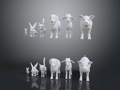 White Standing Animal Figurines Rabbit Dog Sheep Pig on Gray Background with Reflection 3d model
