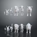 White Standing Animal Figurines Rabbit Dog Sheep Pig on Gray Background with Reflection