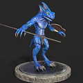 Mythical Blue Lizard Creature With Spear Standing On Round Stone Platform 3d model
