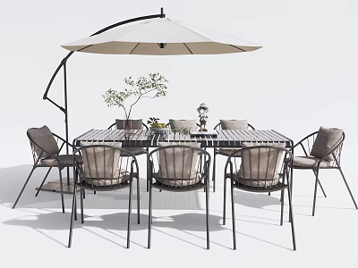 Outdoor Table Set With Metal Frame Chairs And Beige Cantilever Umbrella For Patio 3d model