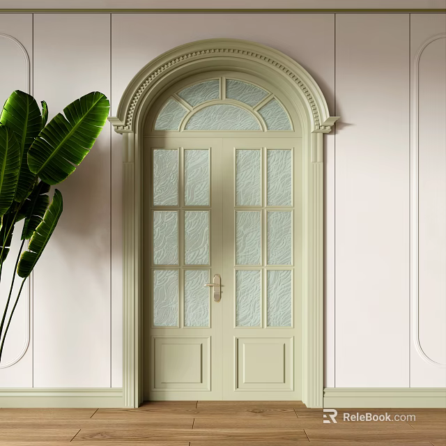 Light Green Double Doors With Glass Panes Arched Frame And Green Plant On Pale Wall 3d model 