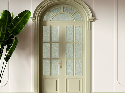 Light Green Double Doors With Glass Panes Arched Frame And Green Plant On Pale Wall 3d model