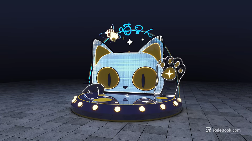Cat Face Shaped Stage Design With Glowing Eyes Ears Star And Paw Print Lights 3d model 