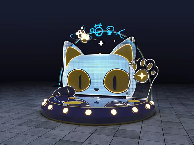 Cat Face Shaped Stage Design With Glowing Eyes Ears Star And Paw Print Lights 3d model