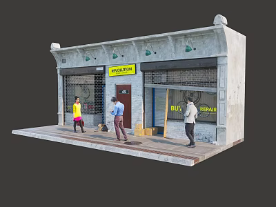 Classic Mall Shop Exterior with Arched Stone Entrance Three People and Yellow Signboard 3d model