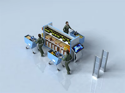 Retail Display Shelves With Staff Organizing Products And Shopping Carts Near Security Gates 3d model