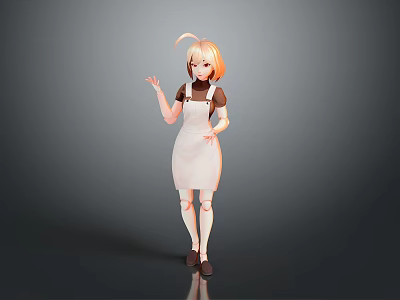 A Woman With Blonde Hair Wearing Brown Top And White Apron Posing In 3d model