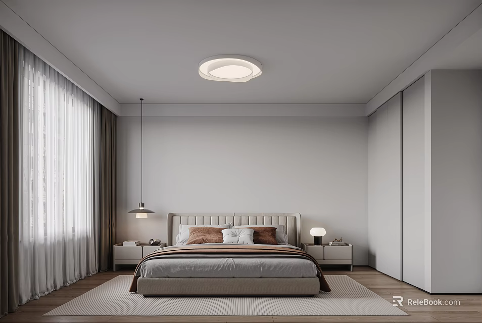 Modern Bedroom Interior Design With Beige Headboard Nightstands Table Lamps And Curtains 3d model 