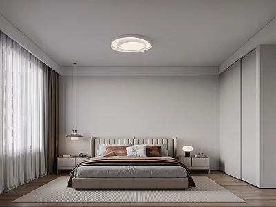 Modern Bedroom Interior Design With Beige Headboard Nightstands Table Lamps And Curtains 3d model