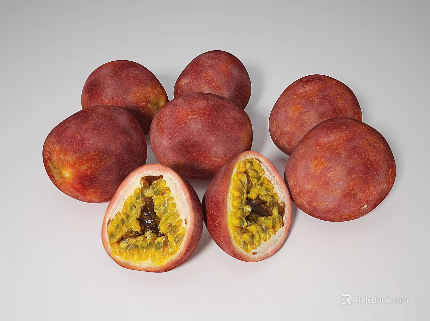 Fresh Ripe Passion Fruit Halved Showing Juicy Pulp And Black Seeds 3d model 