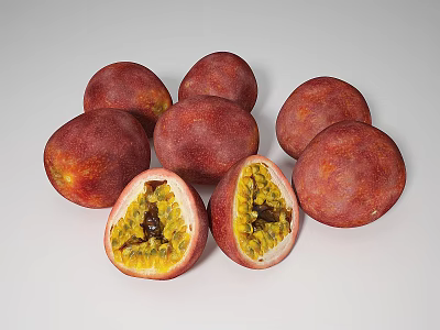 Fresh Ripe Passion Fruit Halved Showing Juicy Pulp And Black Seeds 3d model