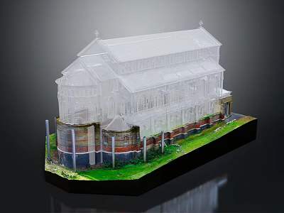 Transparent Architectural Building Model with Red Brick Base Green Grass and White Columns 3d model