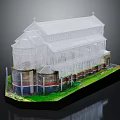 Transparent Architectural Building Model with Red Brick Base Green Grass and White Columns