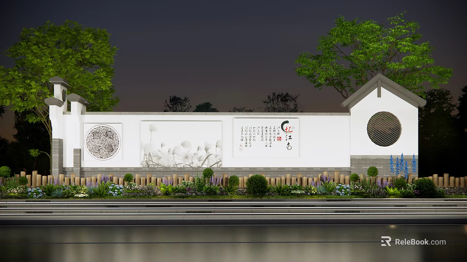 Traditional Chinese Scenic Wall Design With Decorative Patterns Circular Windows And Greenery 3d model