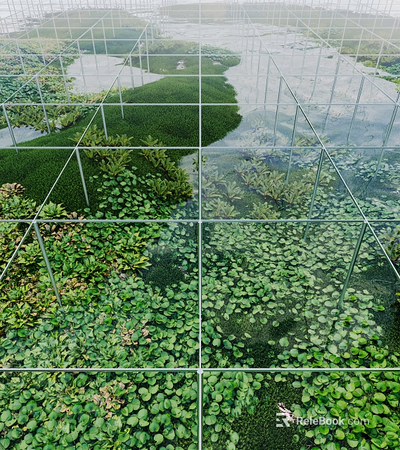 Garden Landscape with Glass Cubes Divided Sections and Various Green Aquatic Plants 3d model 